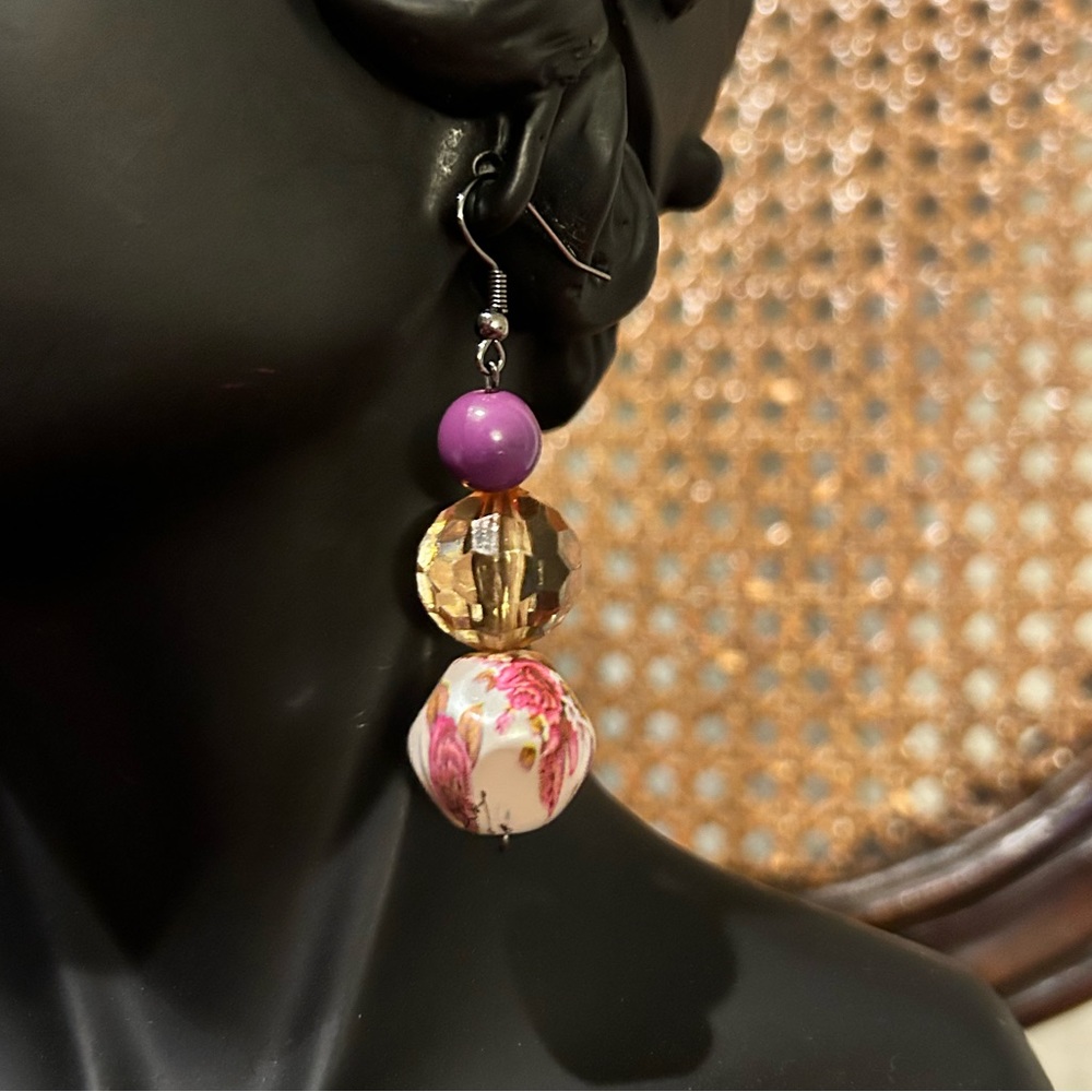 Dangling floral and gem beads ball drop earrings